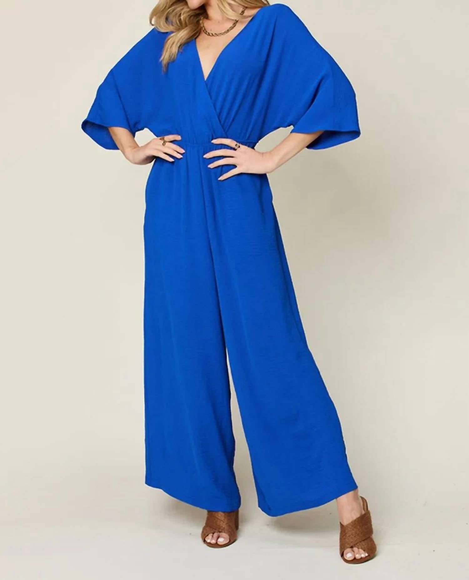 Double Take - Surplice Wide Leg Jumpsuit - blue - clothing - jumpsuits