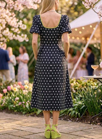 Entro - Polka Dot Puff Sleeve Midi Dress