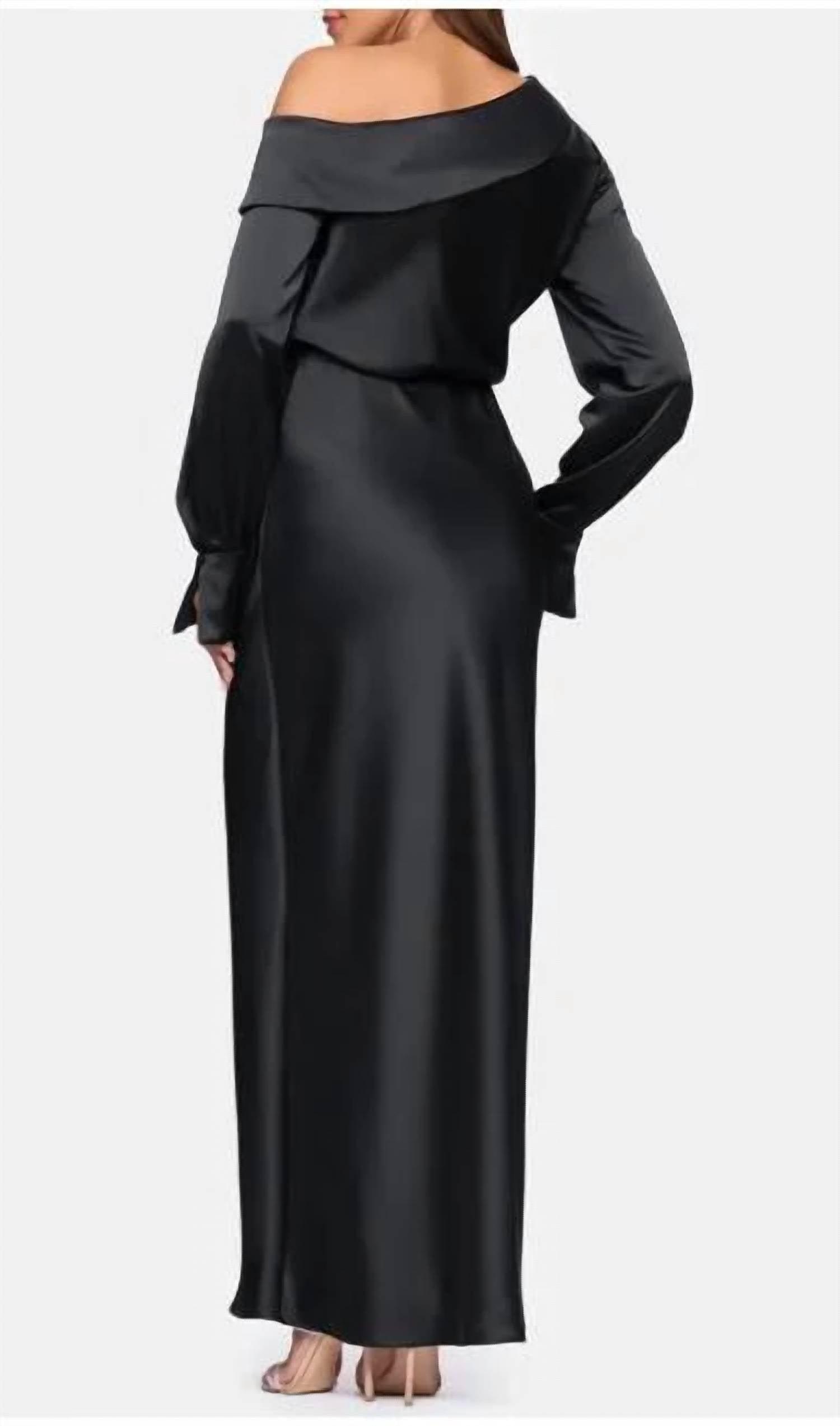 Xscape - Satin Off Shoulder Long Sleeve Maxi Dress