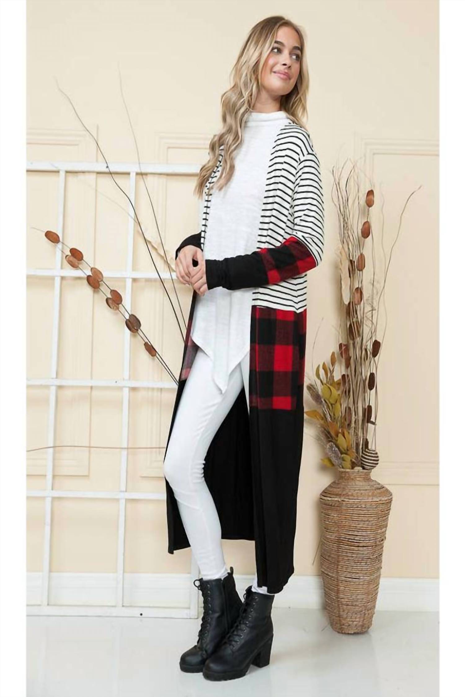 Burgundy Apparel - Maxi Stripe & Red Plaid Cardigan