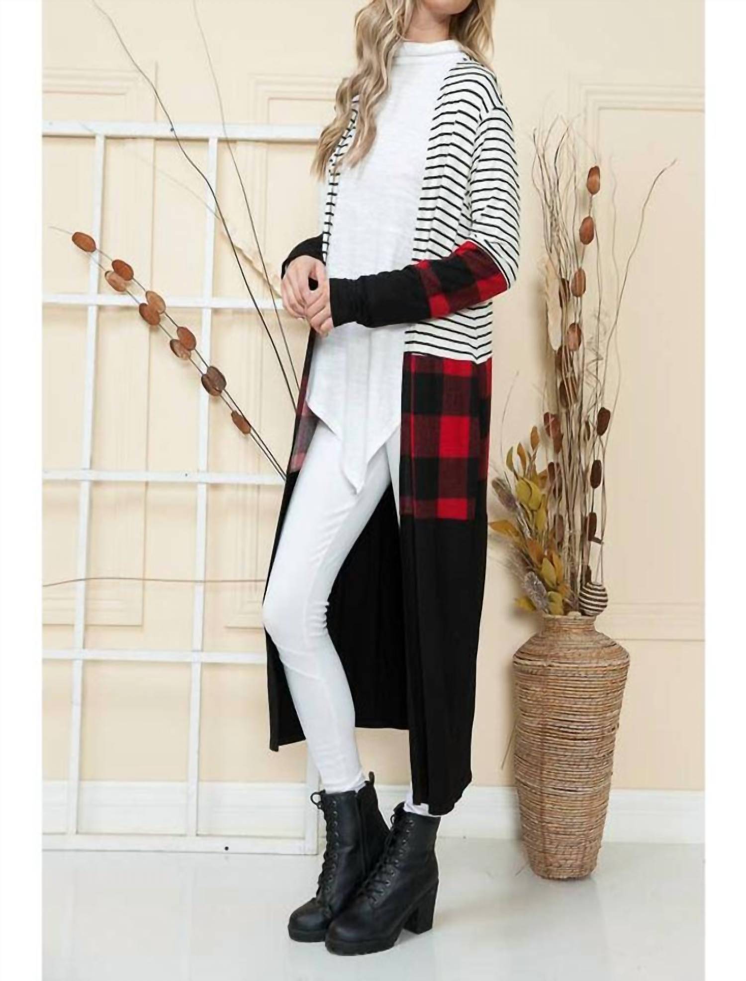 Burgundy Apparel - Maxi Stripe & Red Plaid Cardigan