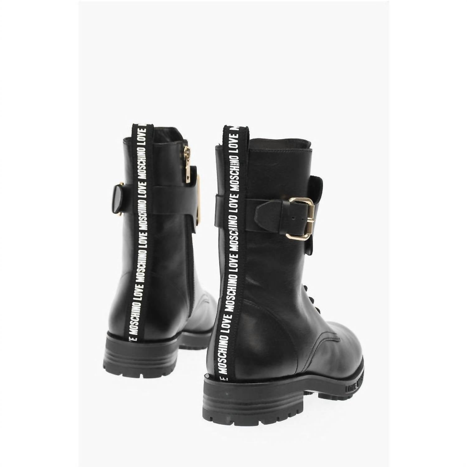 Moschino - Women’s Love Leather Combat Boots With Side Zip And Golden Detail