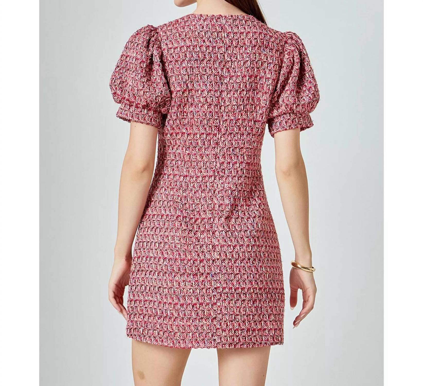 Endless Rose - Women's Tweed Puff Sleeve Mini Dress