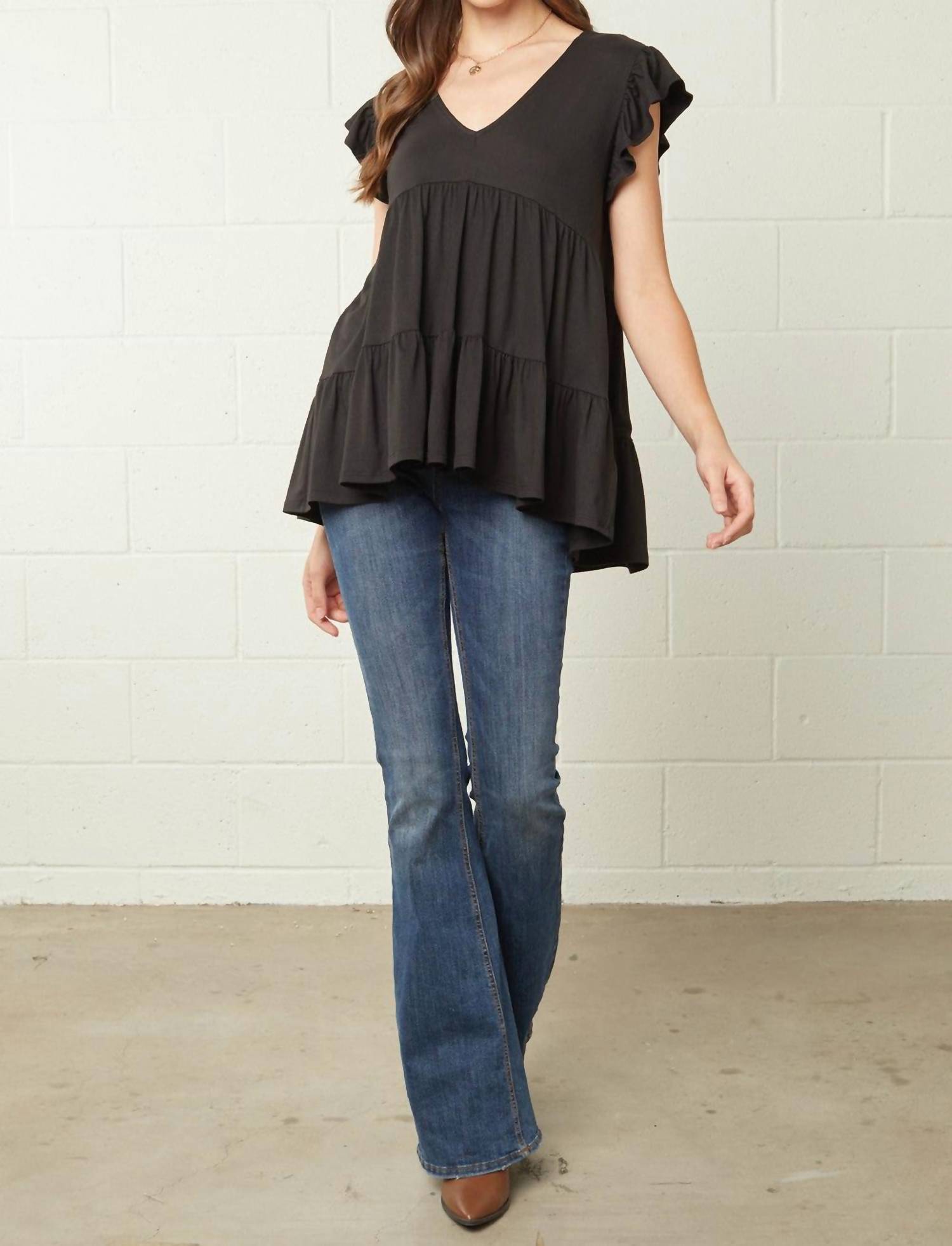 entro Tiered Ruffle Babydoll Top in black - women's blouse - view 6