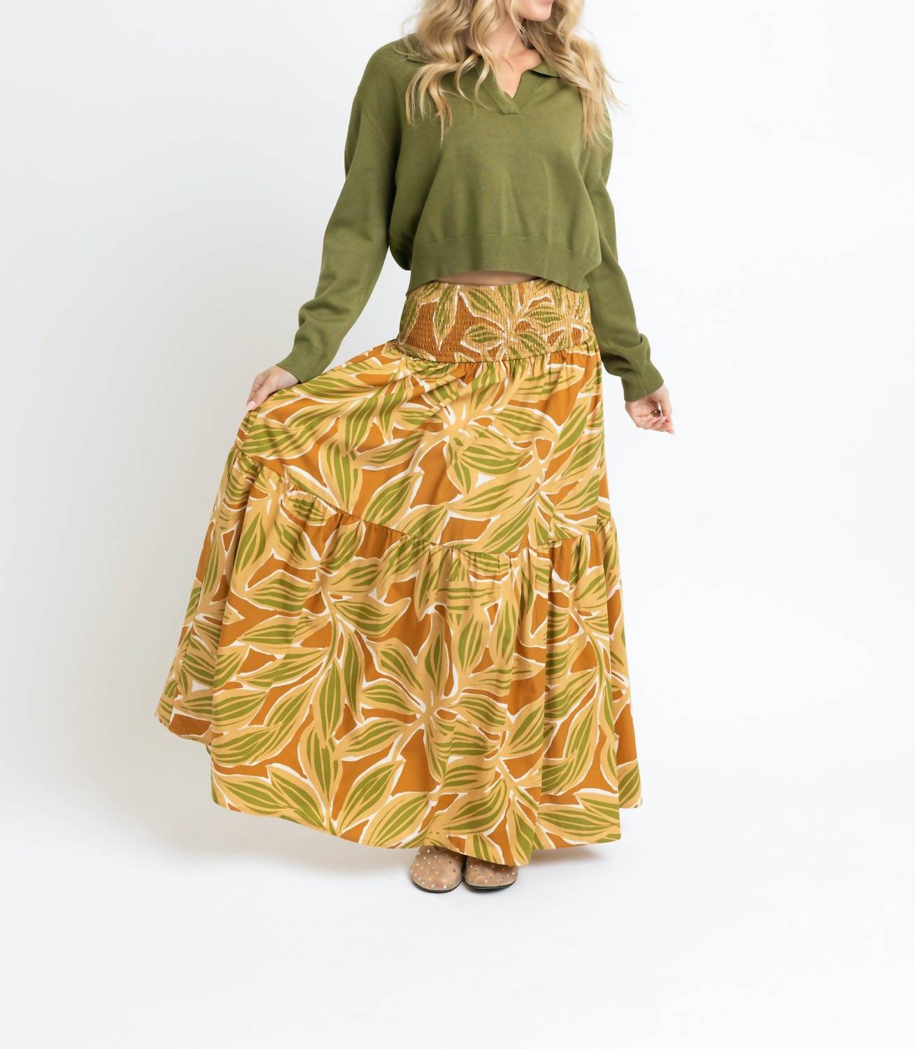 Karlie Desert Palm Smocked Maxi Skirt in tan - women's skirt