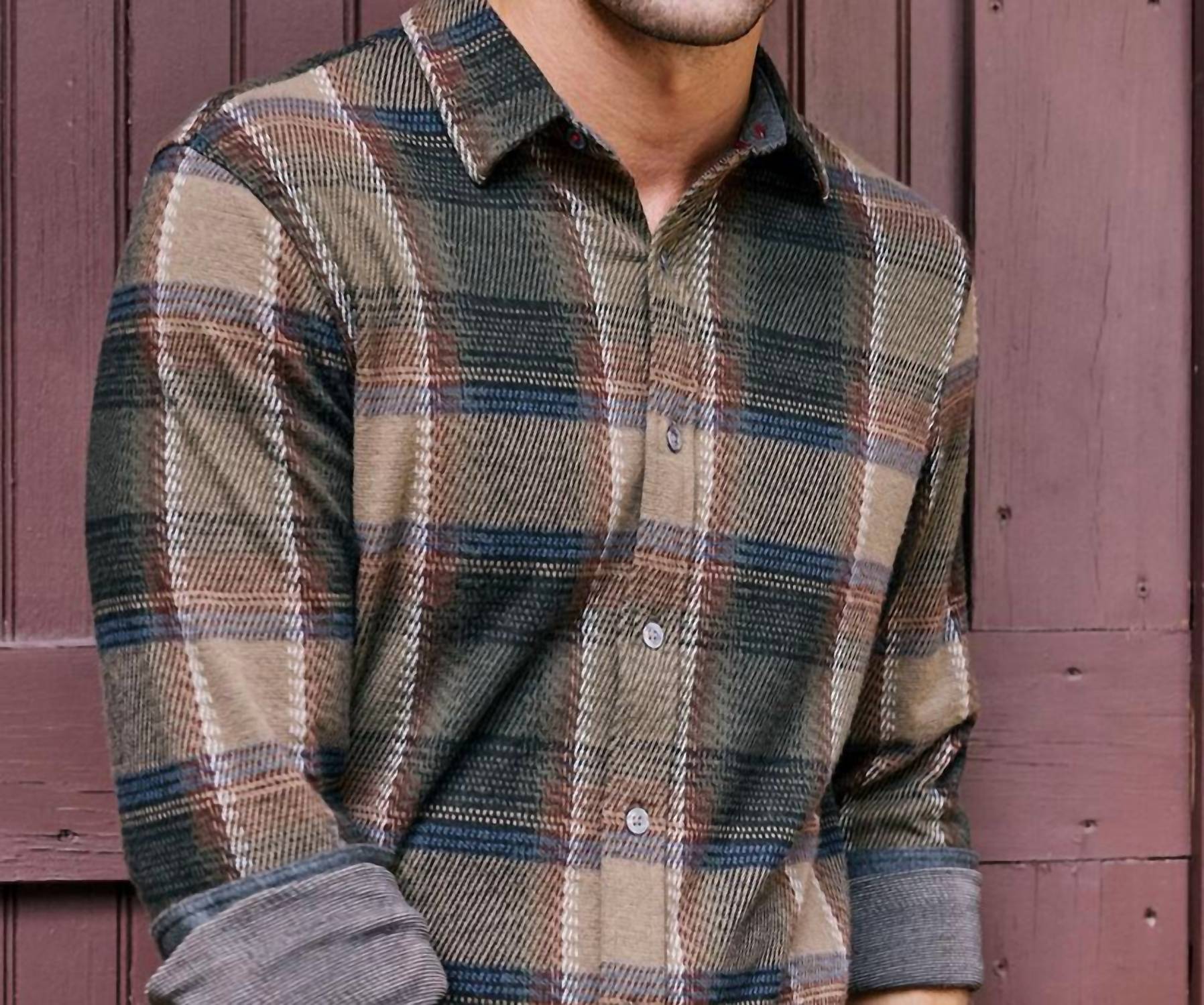 Flags & Anthem Crowley Longsleeve Hero Knit Flannel Shirt in olive brown - men's shirt - detail view
