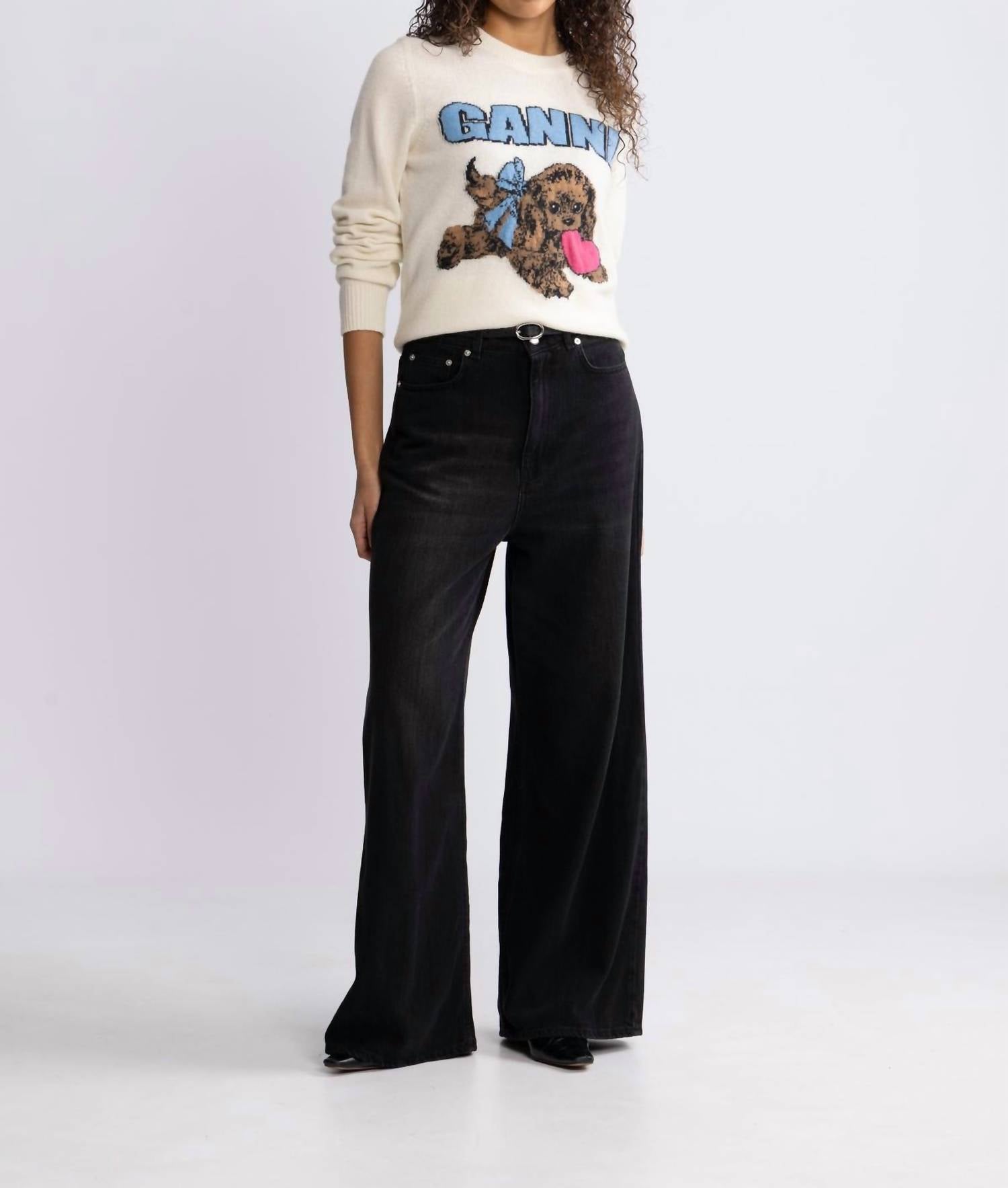 Ganni - Graphic Wool Mix Fluffy Puppy Love Crewneck Top