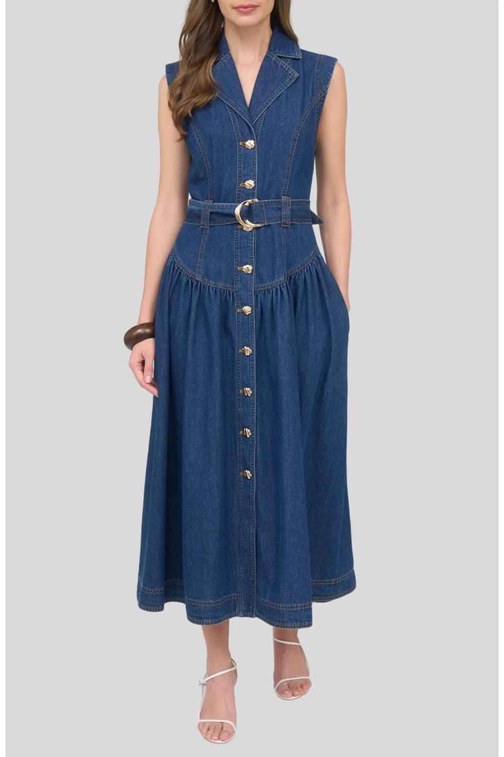 Zoe And Claire - Belted Sleeveless Denim Maxi Dress