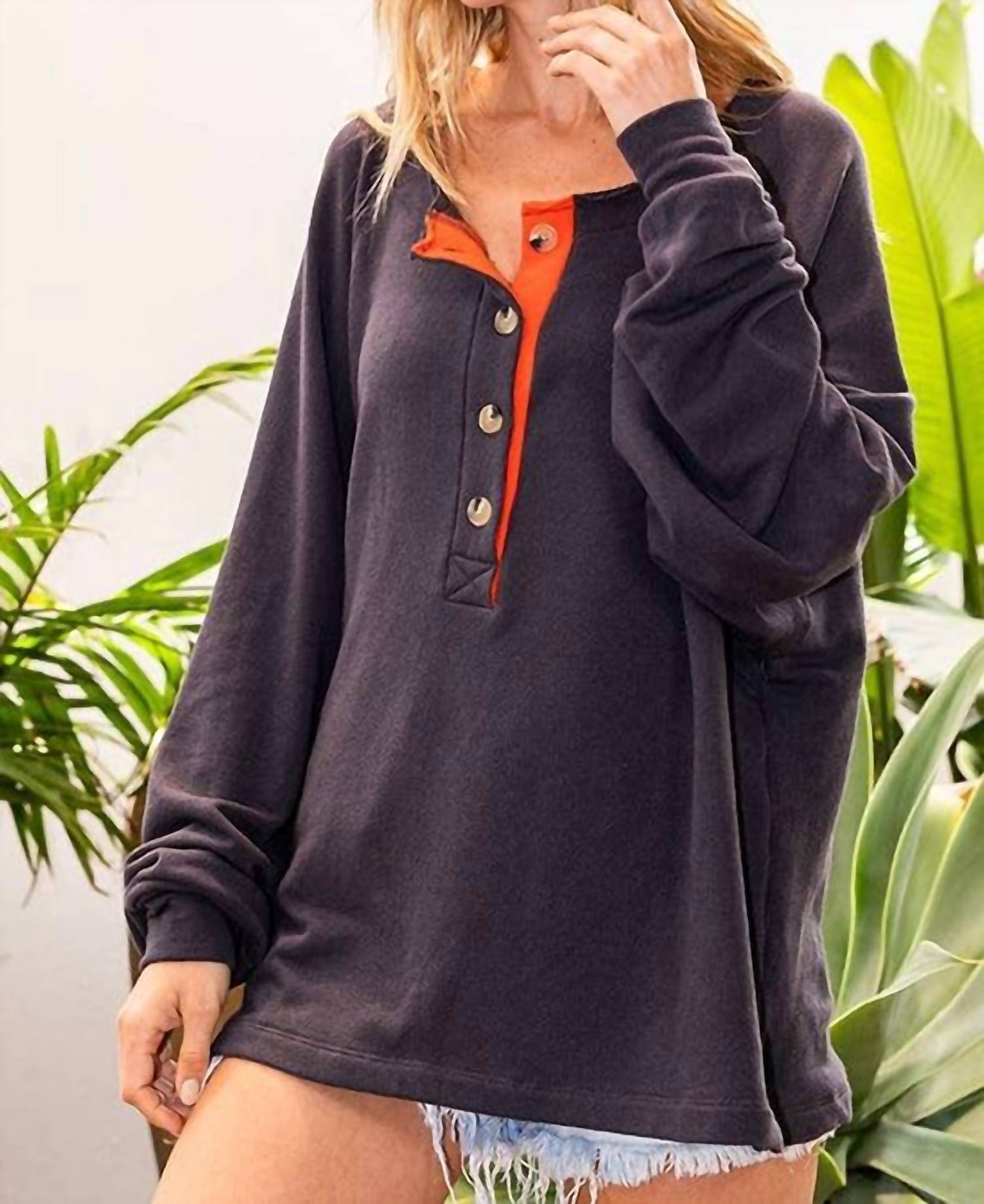 Bucketlist - Contrast Placket Oversize Tunic Top