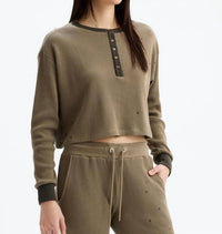 CHRLDR Juliette Stars Oversized Crop Henley Long Sleeve Top in olive - women's long sleeve top - detail view