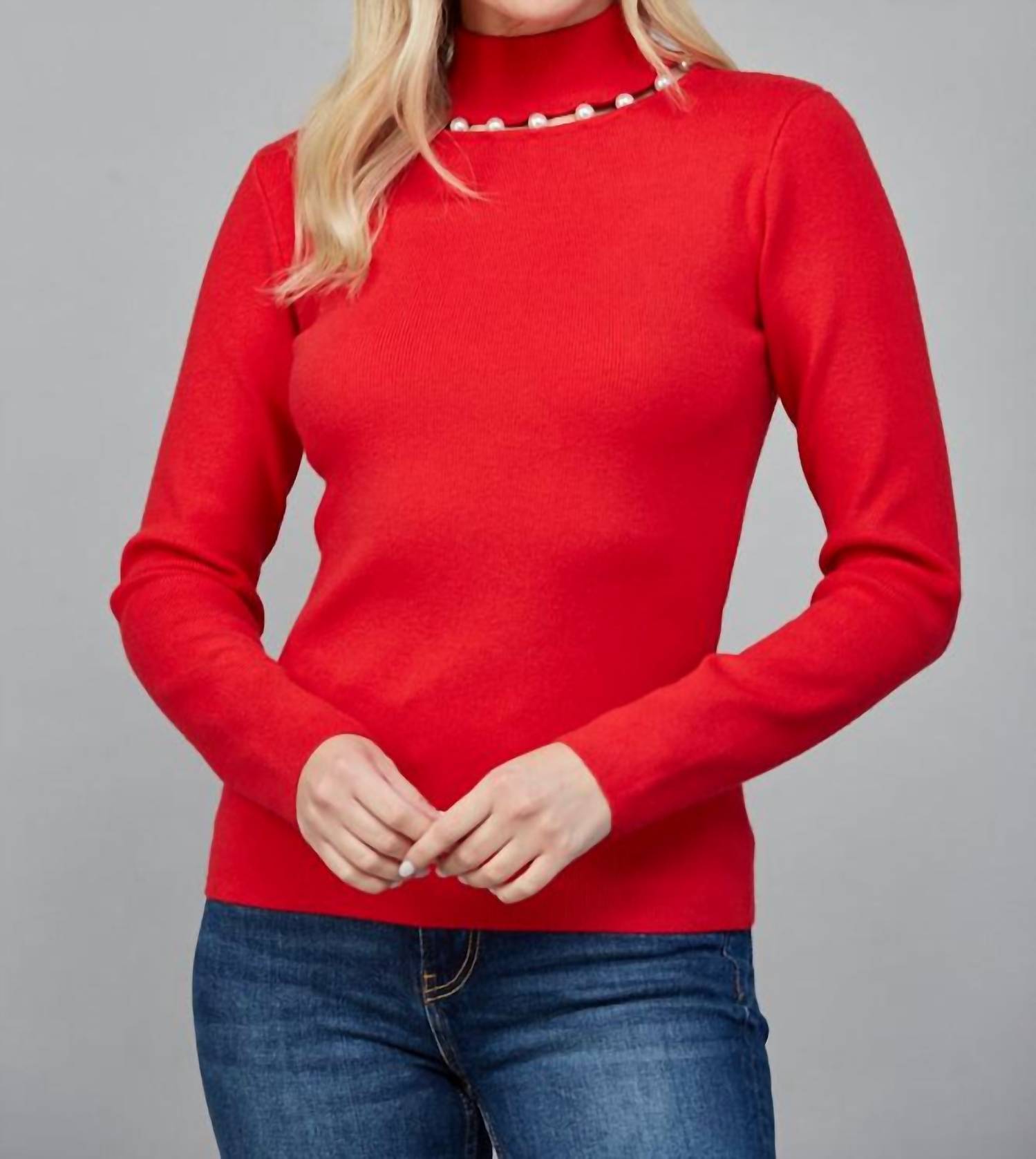 Fate Pearl Trim Turtleneck Sweater in red - women's sweater - view 4