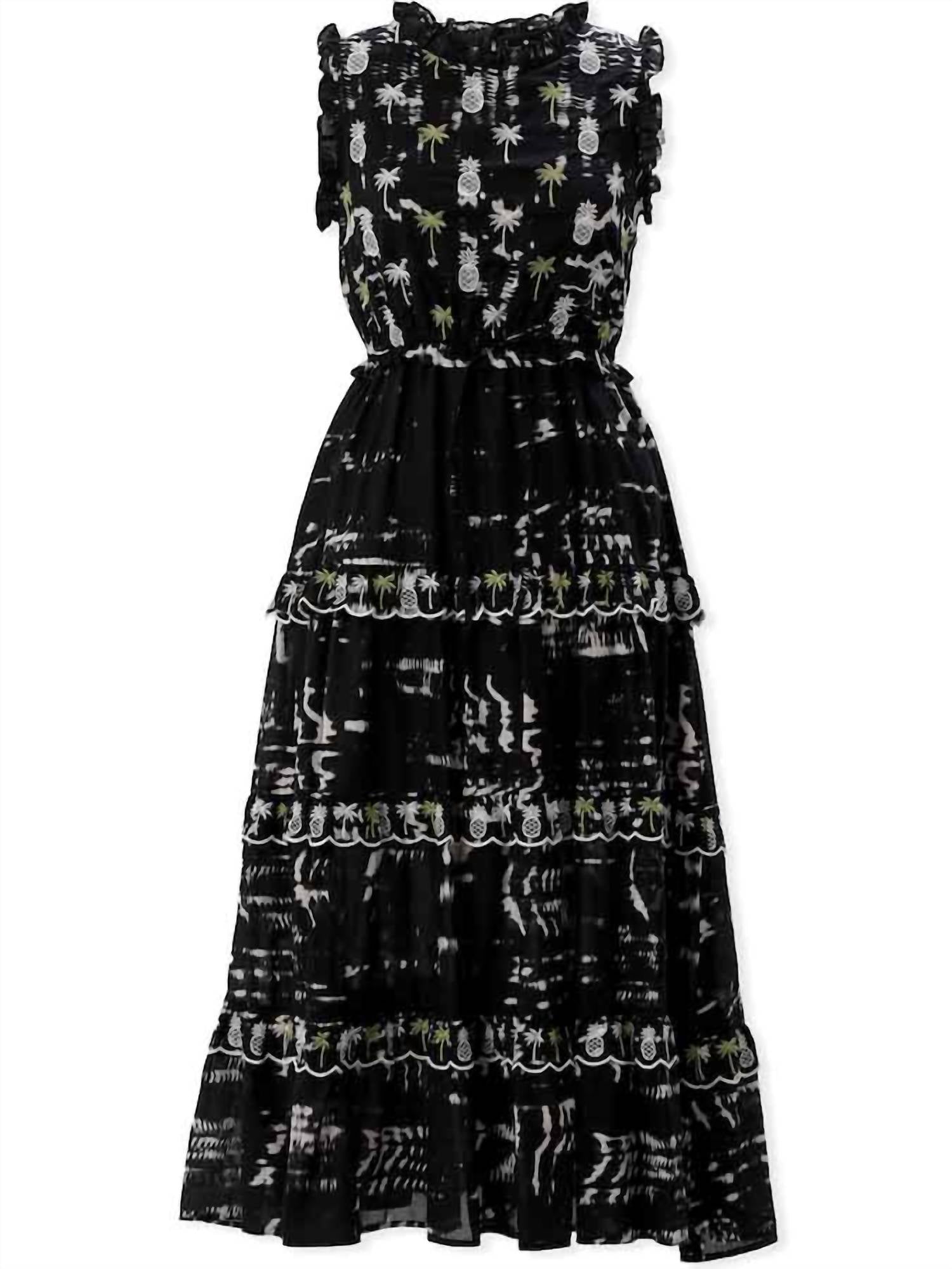 EMILY LOVELOCK Rachel Maxi Pineapple Print Dress in black multi - women's dress - detail view