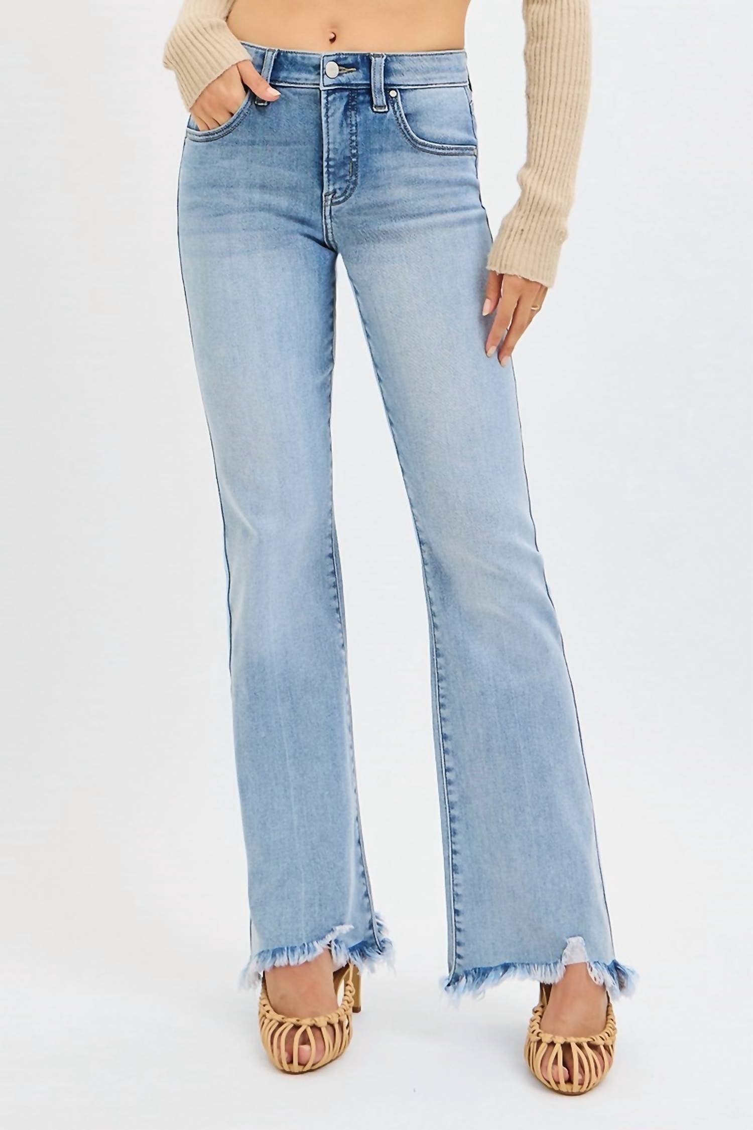 Risen - Tummy Control Mid Rise Flare Jean with Frayed Hem