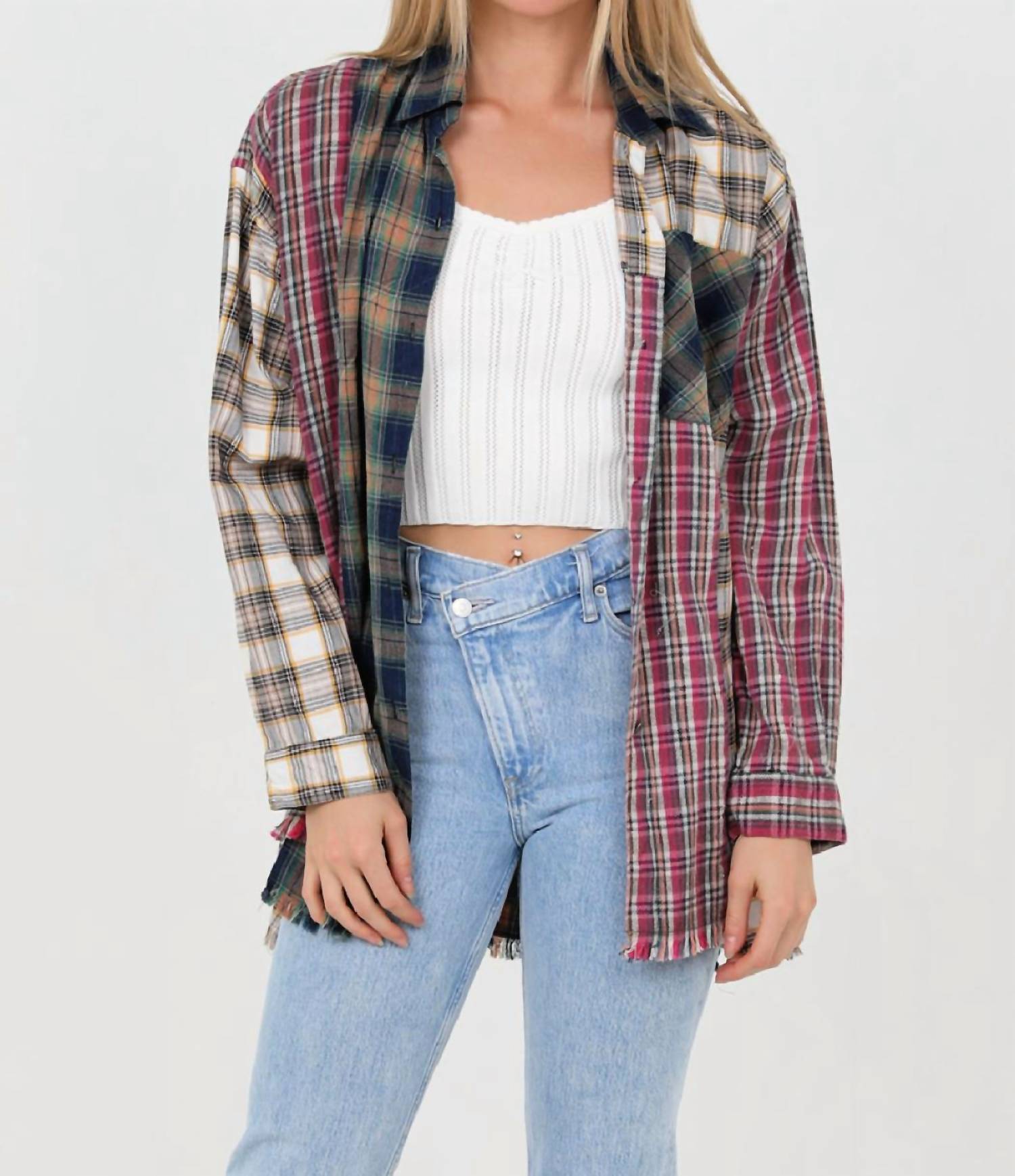 Angie - Mixed Plaid Button Down Shirt