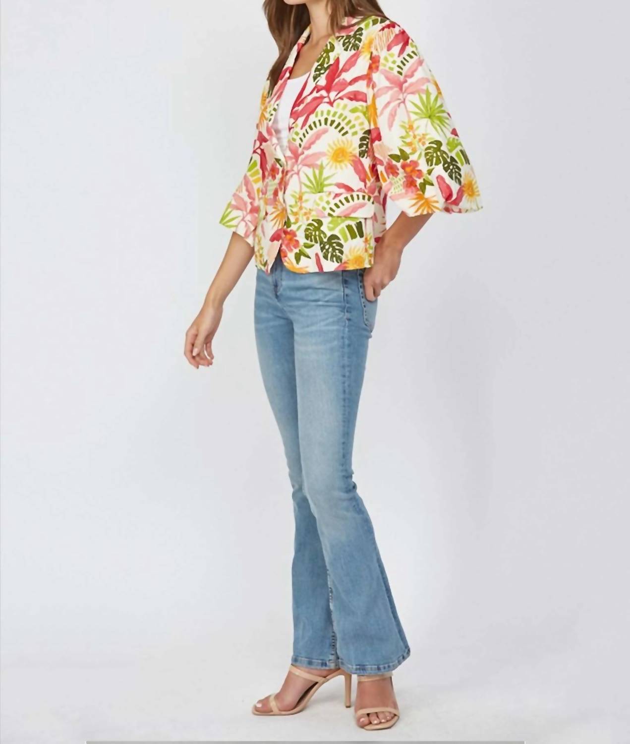 Fate - Tropical Print Cropped Linen Blend Blazer