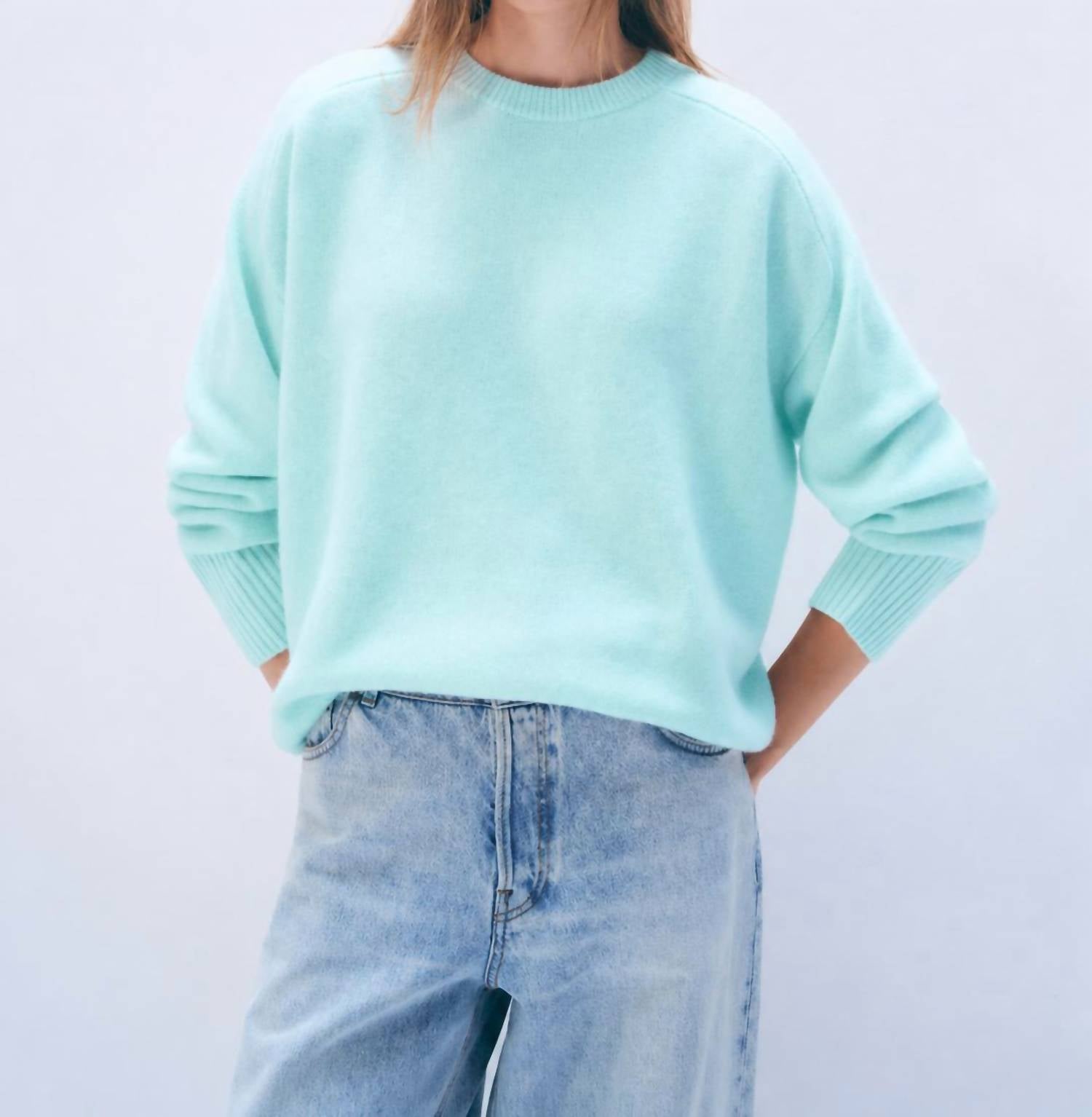 White + Warren Oversized Saddle Sleeve Crewneck Sweater in light aqua - women's sweater