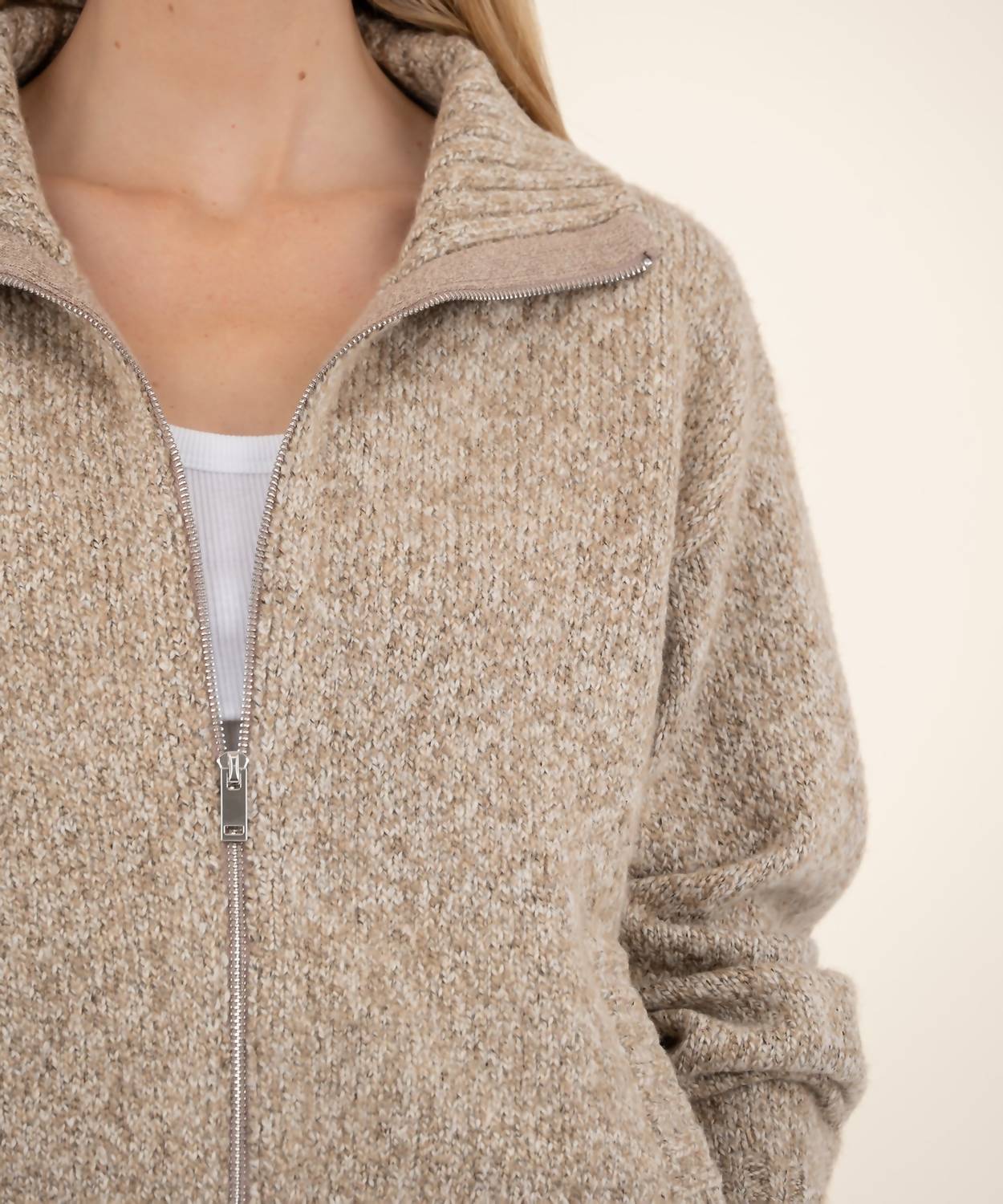 KUT FROM THE KLOTH Coryn Zip Front Sweater in stone - women's sweater - detail view