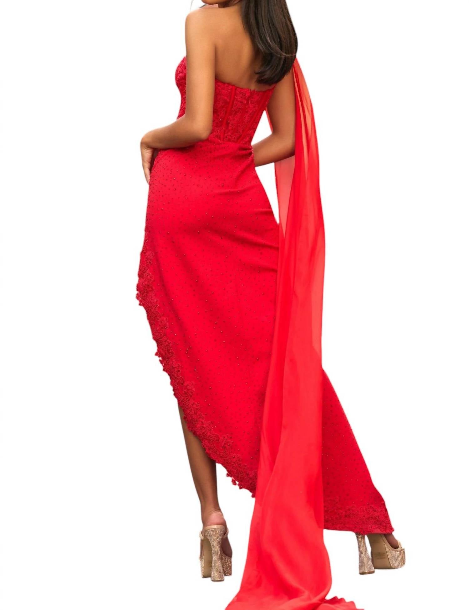 Sherri Hill - One Shoulder Scuba Lace Prom Dress With Cape