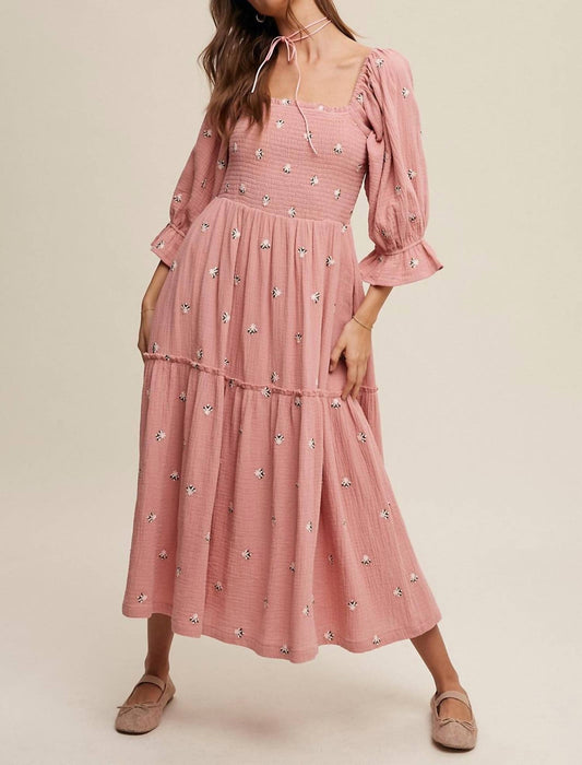 Listicle - Floral Embroidery Puff Sleeve Midi Dress