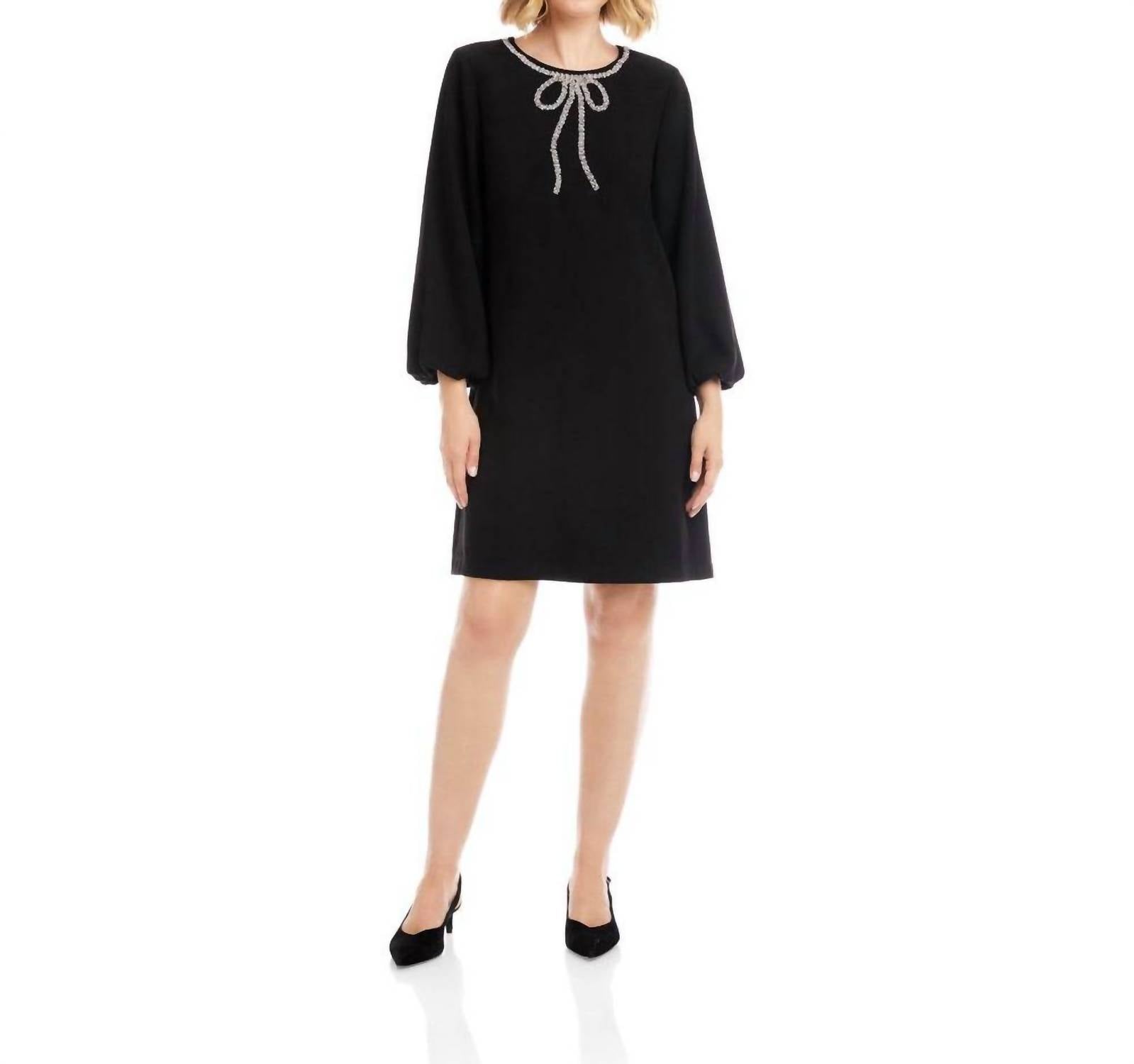 Karen Kane Puff Sleeve Embellished Bow Shift Dress - Petite in black - women's dress