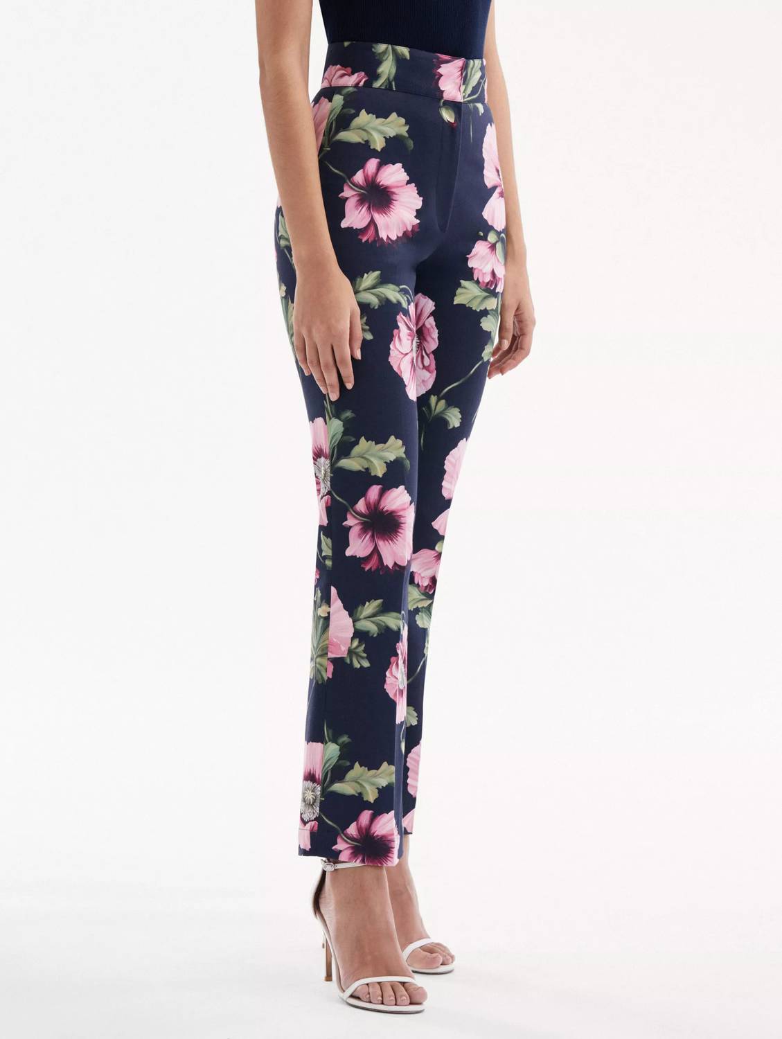 Oscar De La Renta - Zip Front Flare Leg Poppies Cotton Twill Pant