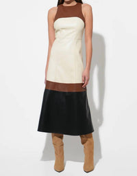THML Sleeveless Faux Leather Midi Dress in colorblock - women's dress