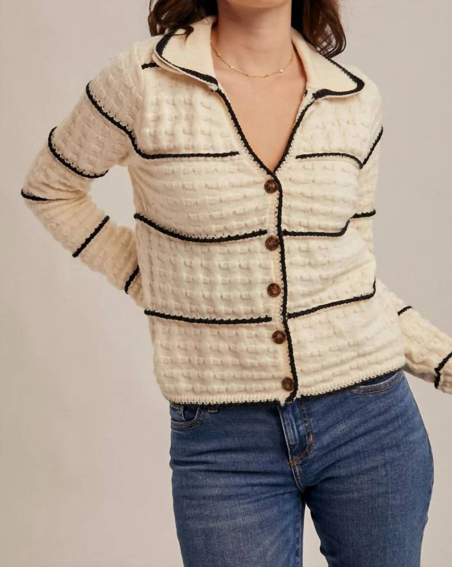 Hem & Thread - Texture Knit Collared Stripe Cardigan