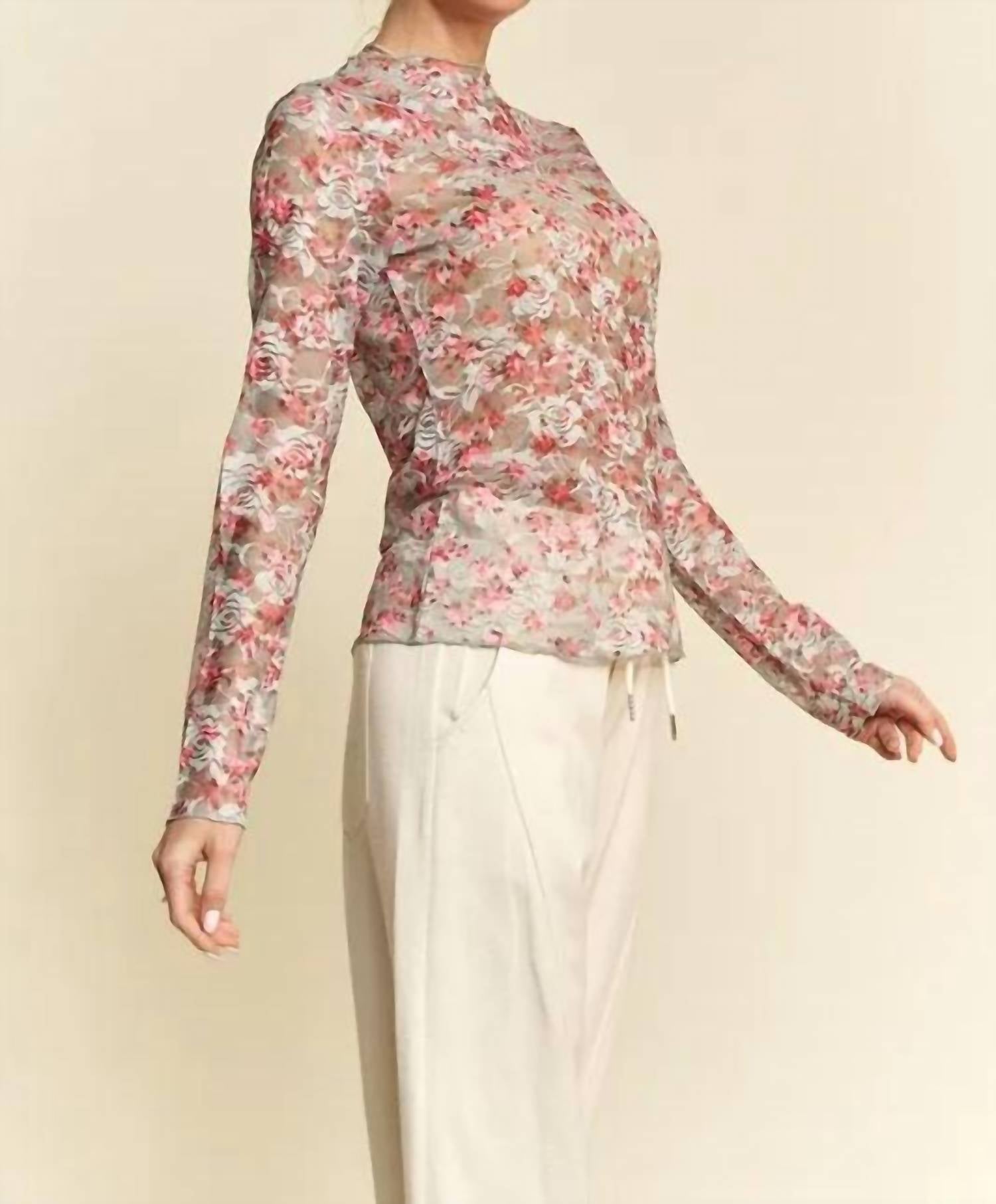 Davi & Dani - Floral Print Mesh Long Sleeve Layering Top
