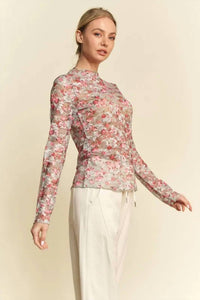 Davi & Dani - Floral Print Mesh Long Sleeve Layering Top