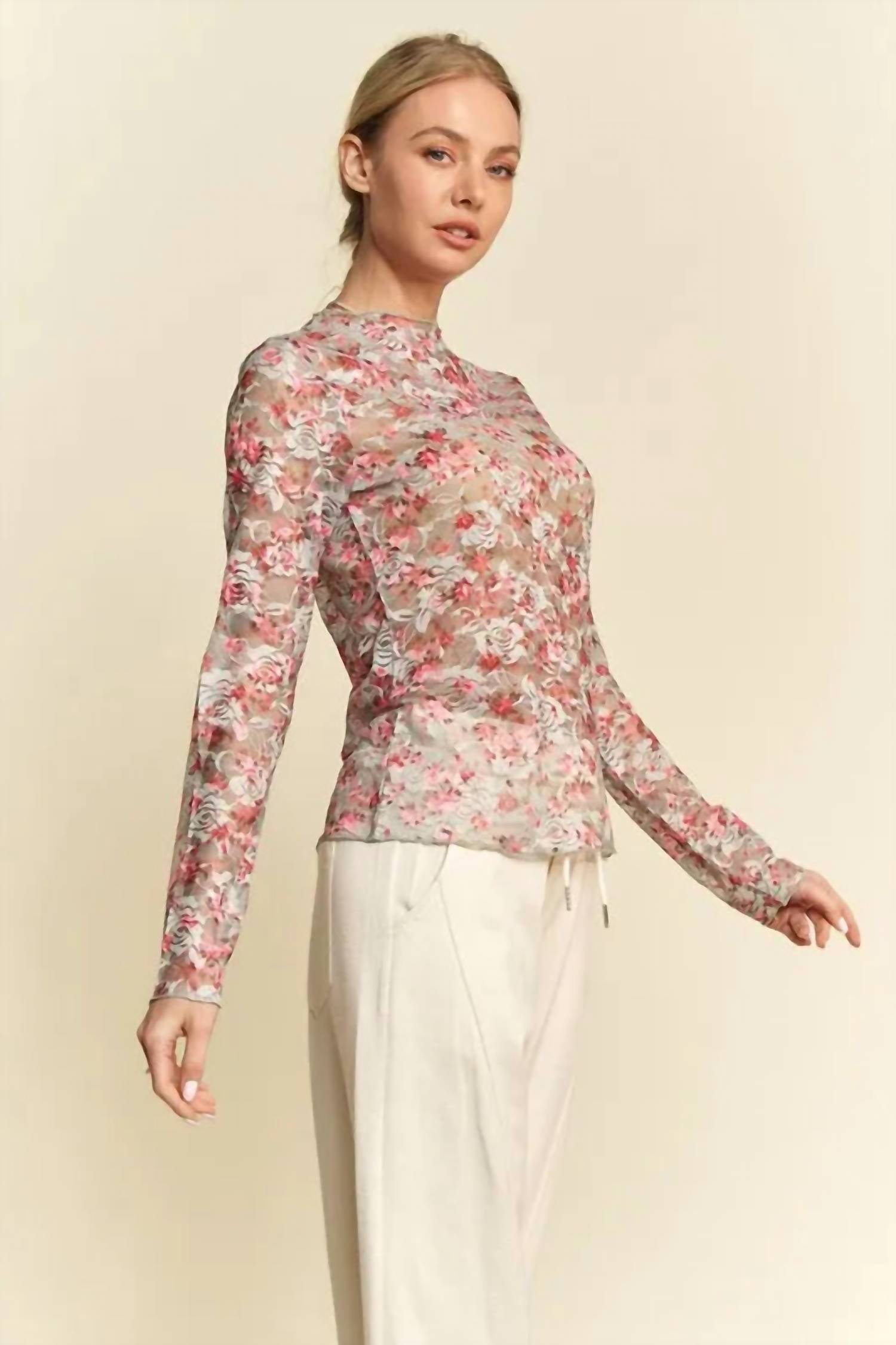 Davi & Dani - Floral Print Mesh Long Sleeve Layering Top