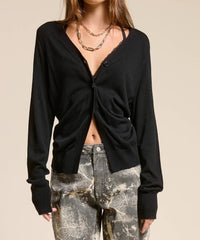 Mimosa Deep V Split Hem Knit Cardigan in black - women's cardigan - detail view