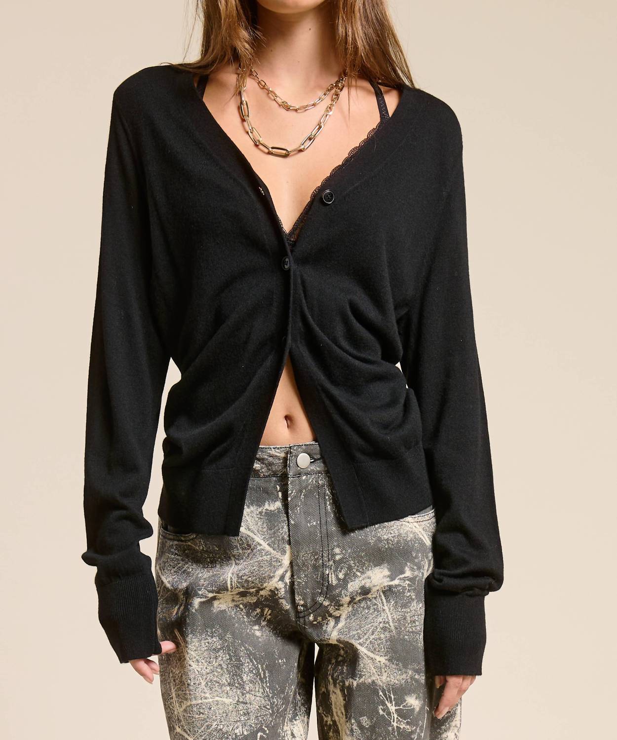 Mimosa Deep V Split Hem Knit Cardigan in black - women's cardigan - detail view