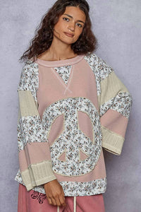 Pol - Crew Neck Printed Peace Patch Overlock Stitch Knit Top