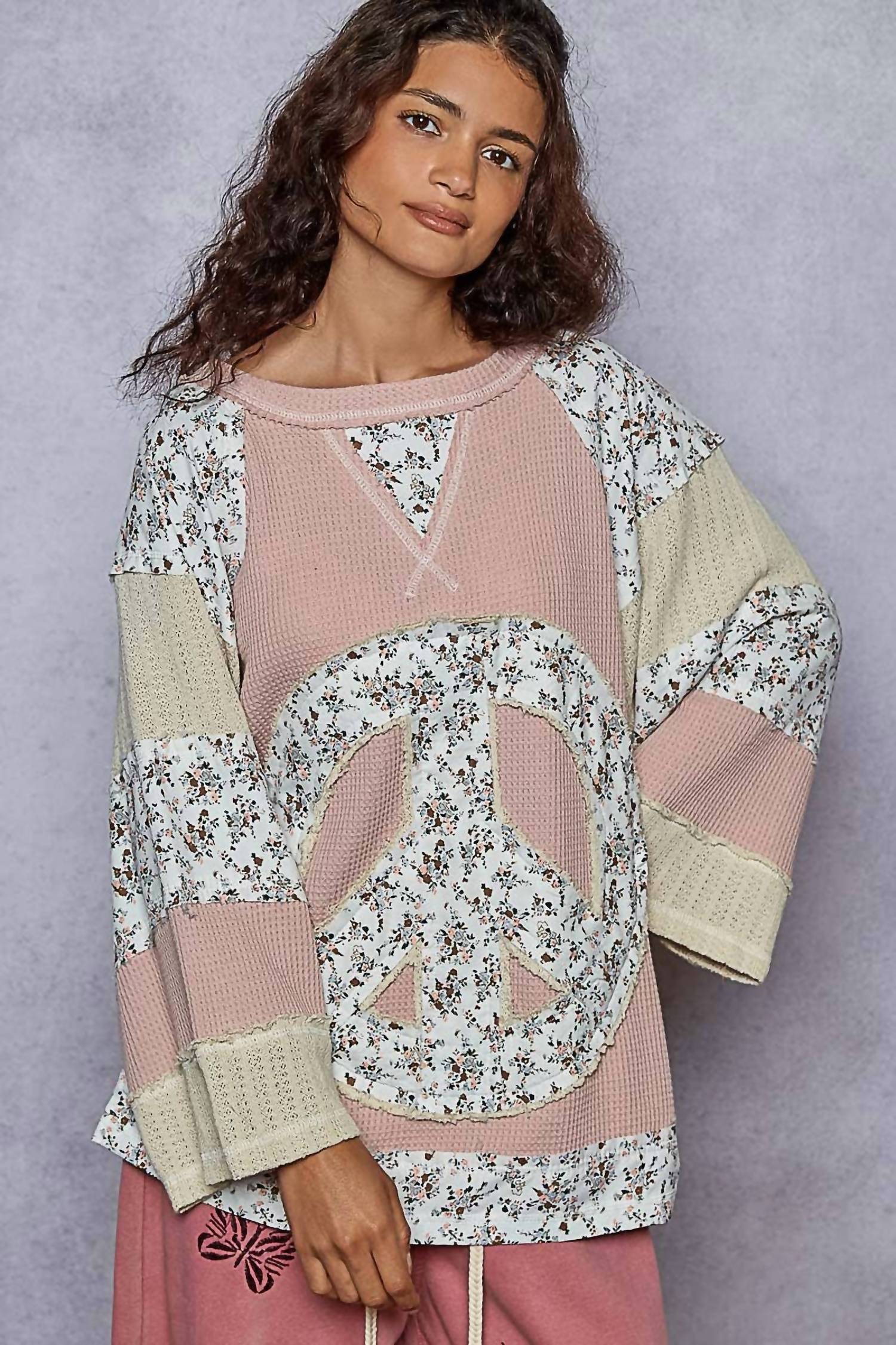 Pol - Crew Neck Printed Peace Patch Overlock Stitch Knit Top