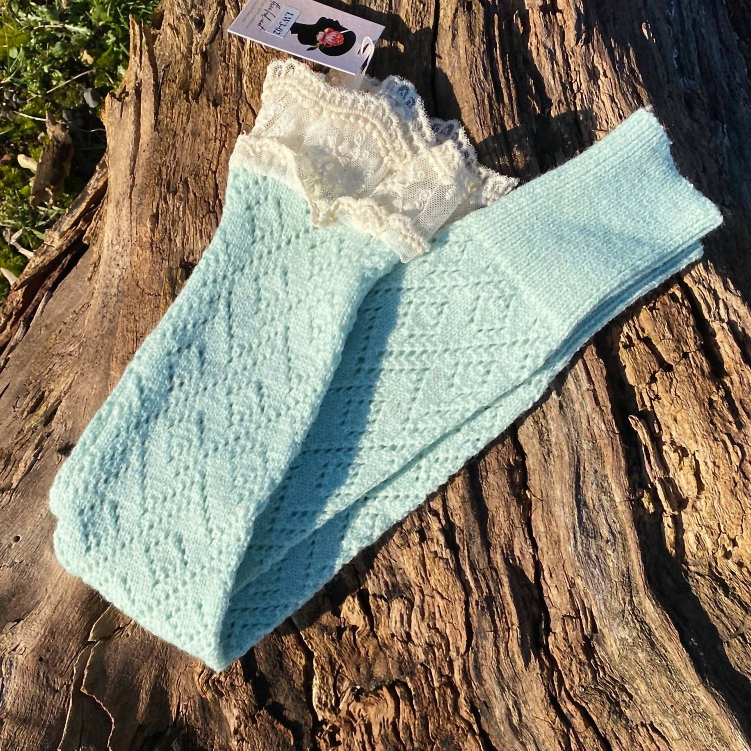 three bird nest Women's Lace Trimmed Leg Warmers in mint - women's accessory - detail view
