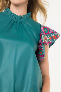 Thml - Embroidered Flutter Sleeve Leather Top