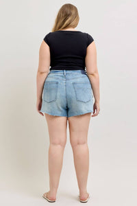 Judy Blue High Waist Rigid Magic Button Fly Raw Side Seams Denim Short in blue - women's shorts - view 7