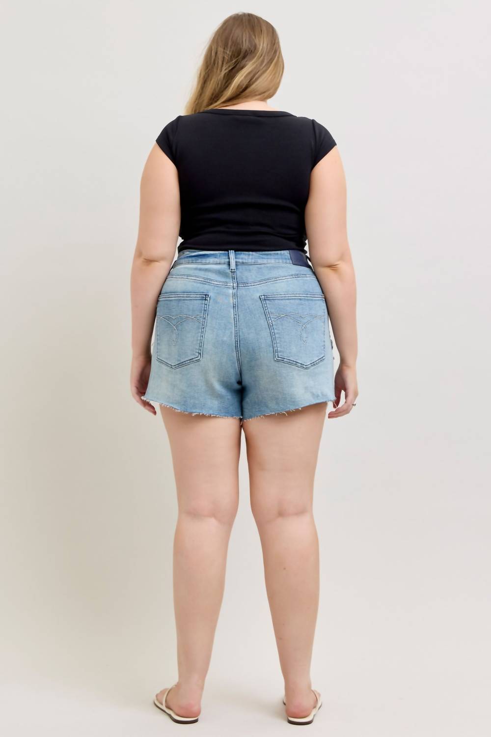 Judy Blue High Waist Rigid Magic Button Fly Raw Side Seams Denim Short in blue - women's shorts - view 7