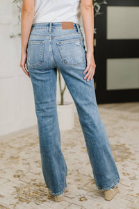 Judy Blue Mid Rise Boot Cut Jean With Distress Hem in vintage wash - women's jeans - detail view