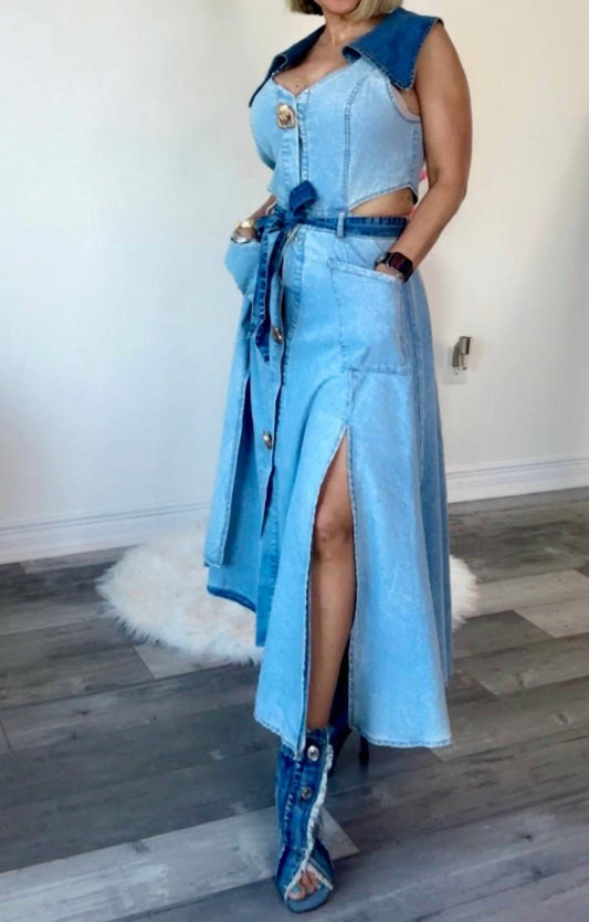 Pastel Design - Denim Belted Midi Dress