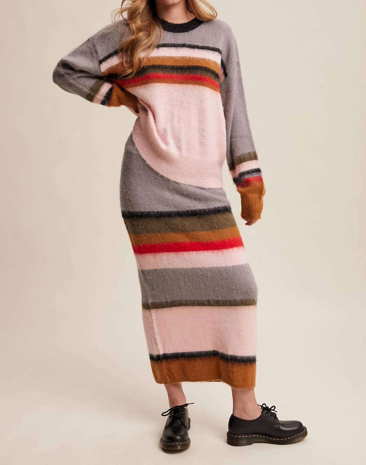 Listicle - Striped Fuzzy Knit Sweater & Skirt Set