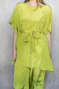 Before You Lemongrass Satin Tie Front Tunic in green - women's shirt - alternate view