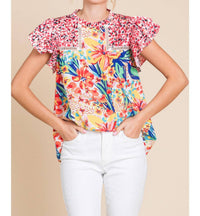 Jodifl - Floral Print Frilled Neck Ruffle Cap Sleeve Top
