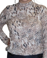 BTX Printed Long Sleeve Mock Neck Sweater in deer brown - women's sweater - detail view