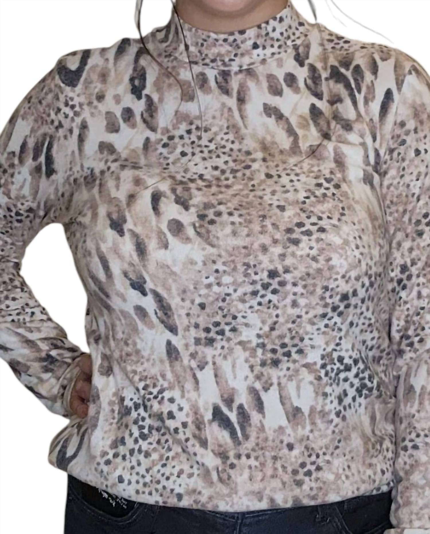 BTX Printed Long Sleeve Mock Neck Sweater in deer brown - women's sweater - detail view
