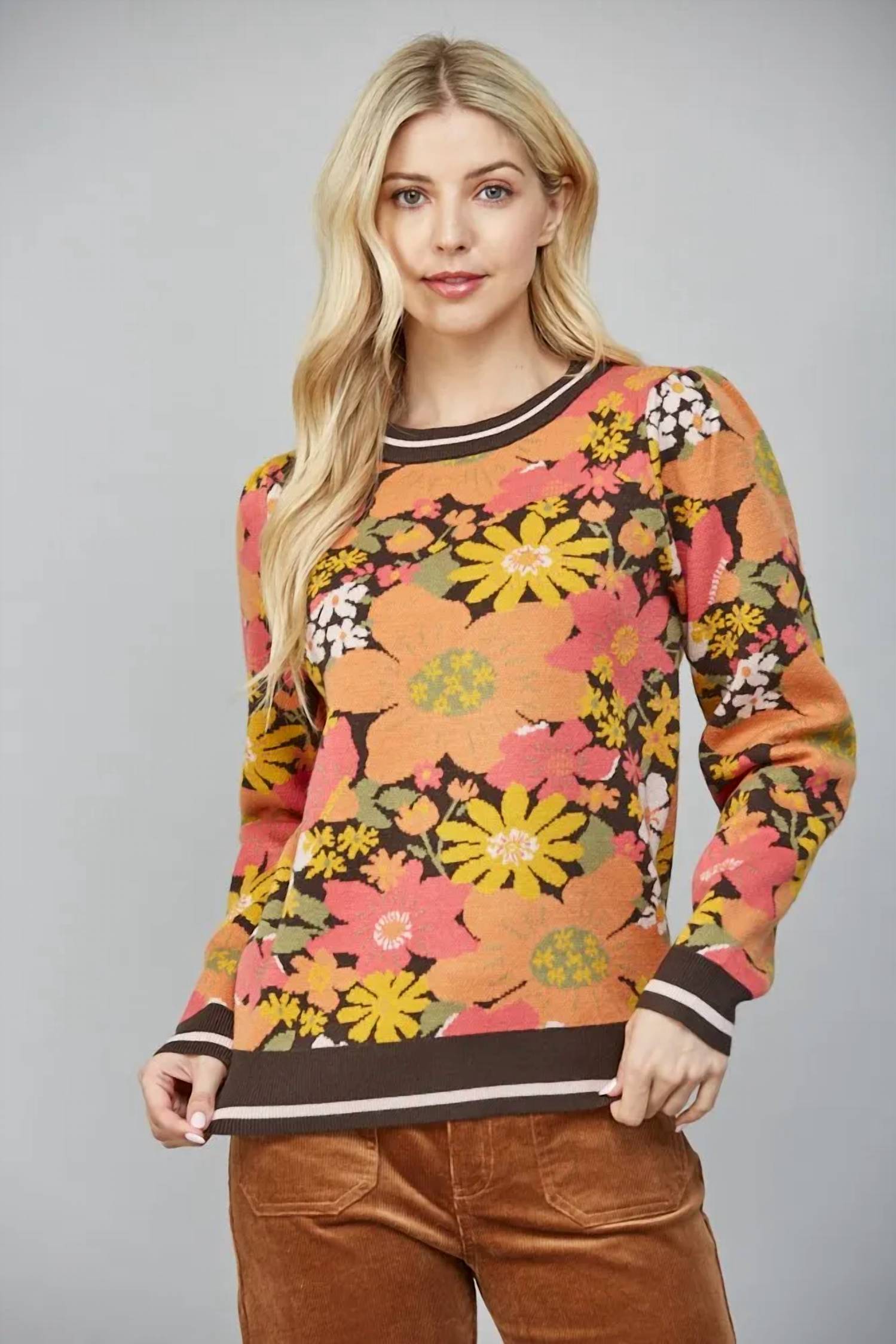 Fate - Floral Jacquard Knit Puff Sleeve Sweater