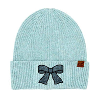 Fashion City - Women's Rhinestone Ribbon Bow Embellishment Beanie