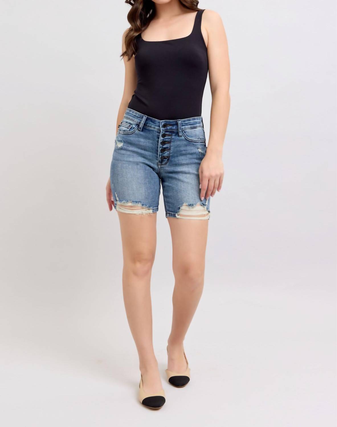 Judy Blue - Button Fly Mid Length Destroyed Shorts