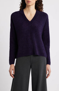 Eileen Fisher V-neck Stretch Cotton Sweater in aubergine - women's sweater