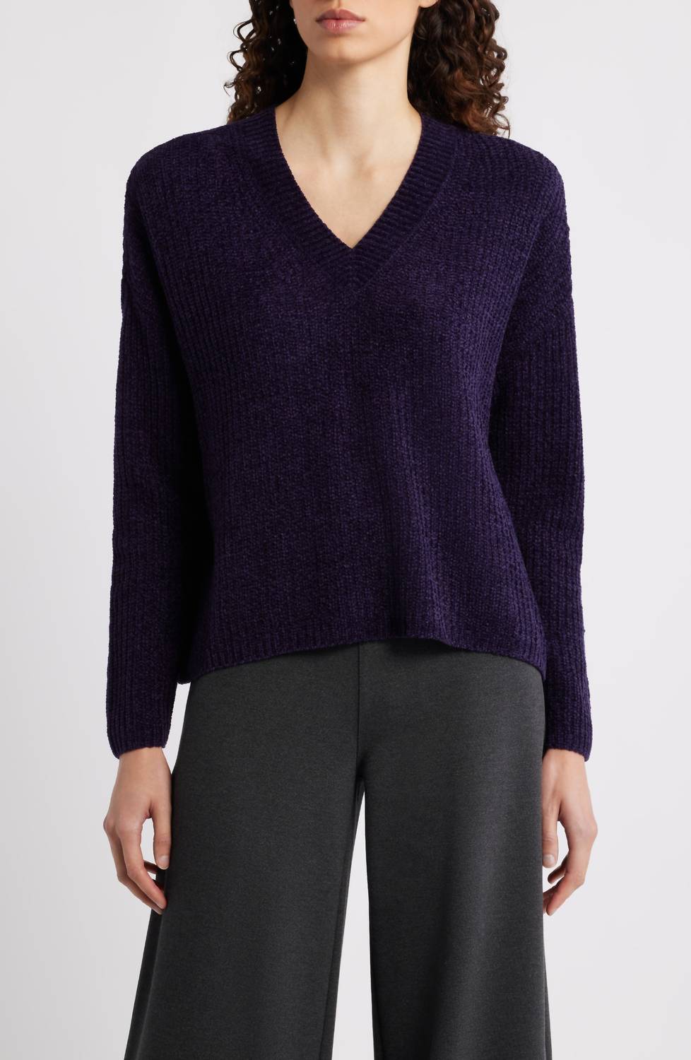 Eileen Fisher V-neck Stretch Cotton Sweater in aubergine - women's sweater